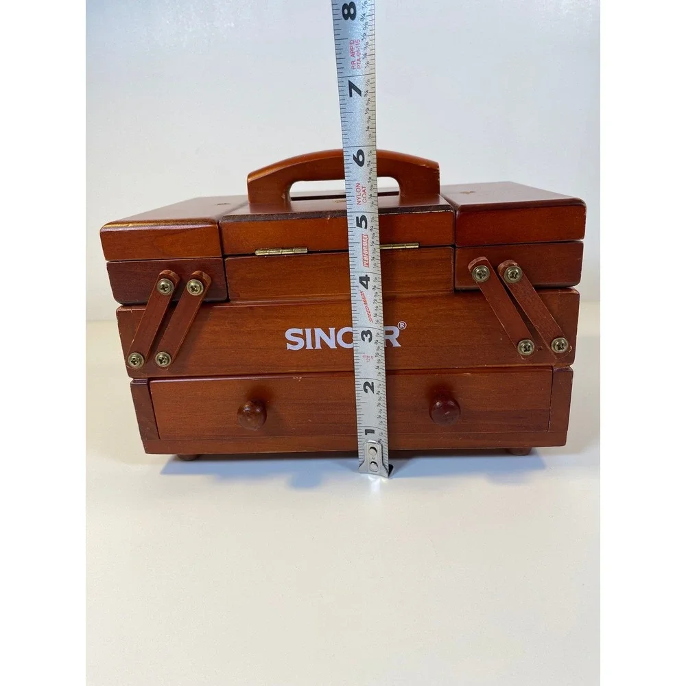Singer Wooden Accordion Sewing Basket Cantilever Box Cherry Finish Vintage Style